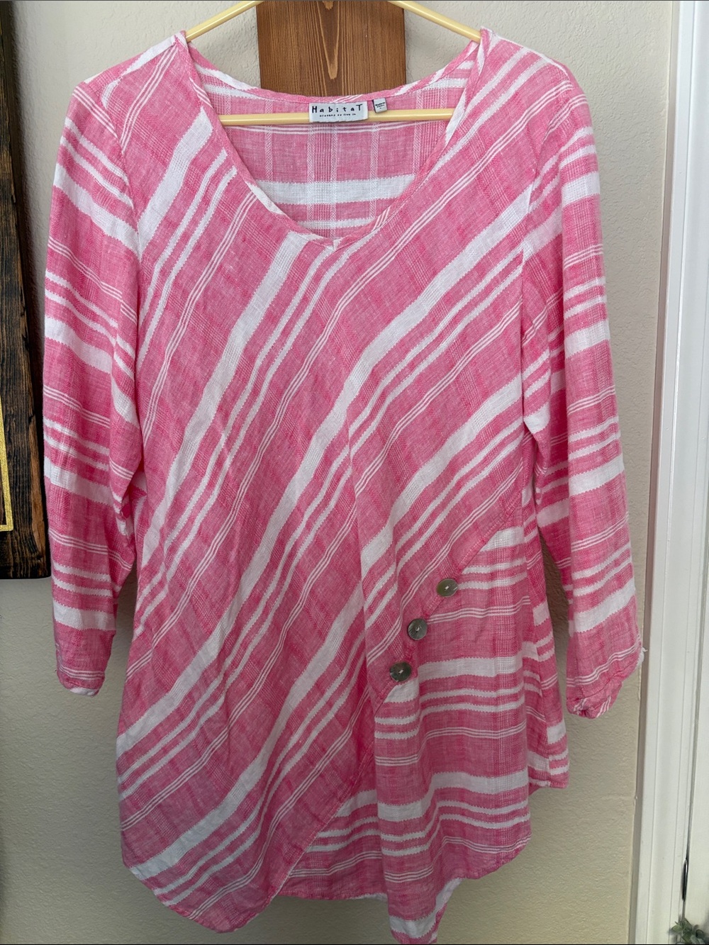 Habitat Pink and White Striped V-Neck Tunic with Decorative Buttons